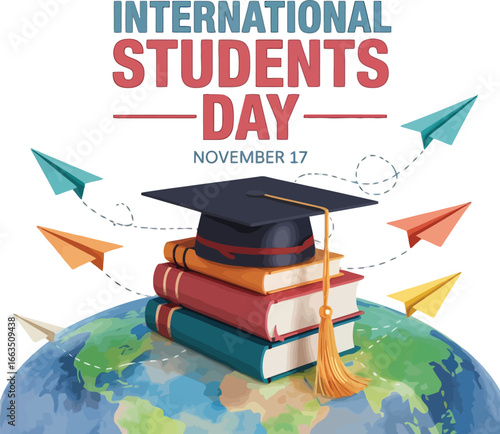International Students Day: Books, Graduation Cap, and Paper Airplanes on Globe