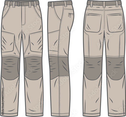 CAD drawing flat vector illustration of men’s workwear cargo pants with knee patches, technical fashion design, front side back view for apparel development