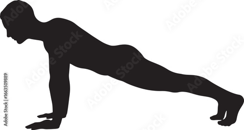 Black silhouette of a person in a plank yoga or push-up pose on a white background, symbolizing core strength and fitness training