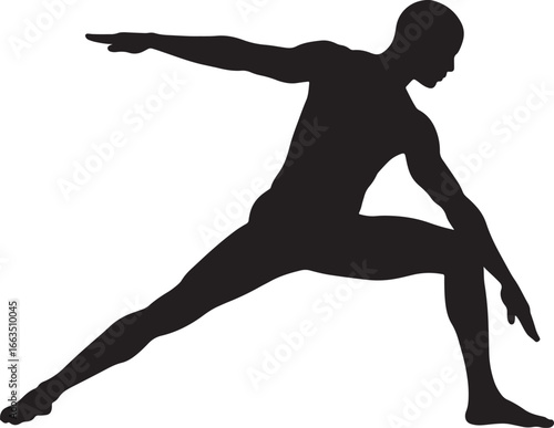 Man's silhouette performing a dynamic yoga warrior II pose, a powerful and focused exercise that improves physical balance, strength, and inner peace