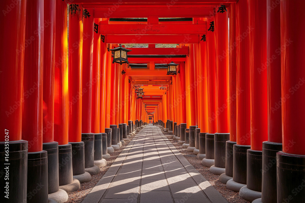 Obraz premium Endless Vermilion Torii Gates with Sunlight and Lanterns in image of Kyoto Shrine 