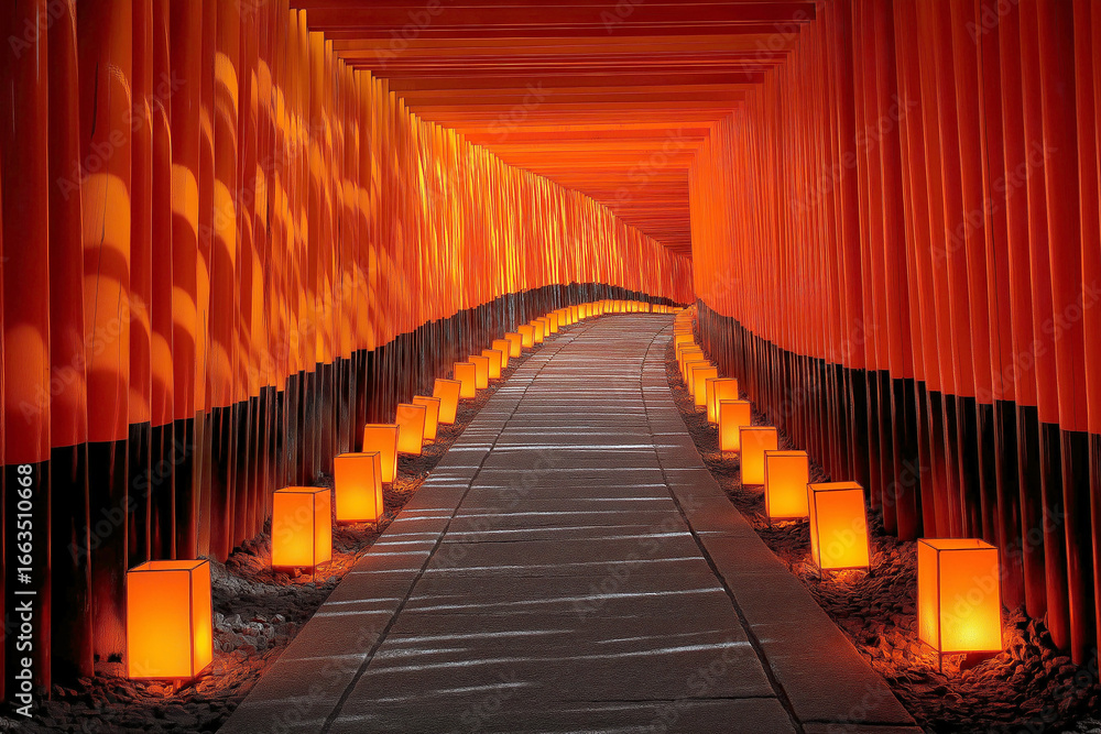 Fototapeta premium Endless Vermilion Torii Gates with Sunlight and Lanterns in image of Kyoto Shrine 