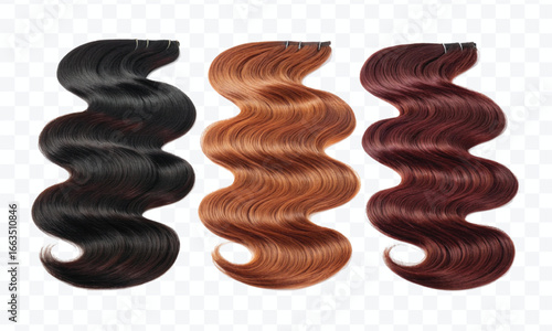 realistic 3d  three copper hair swatches in different colour style isolated on transparent background