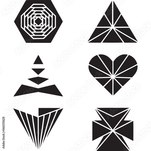 Art of abstract geometric shapes and patterns in black and white, featuring triangles, hexagons, hearts, and crystalline forms