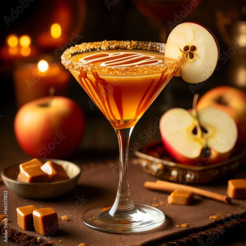 A luxurious caramel apple martini served in an elegant martini glass