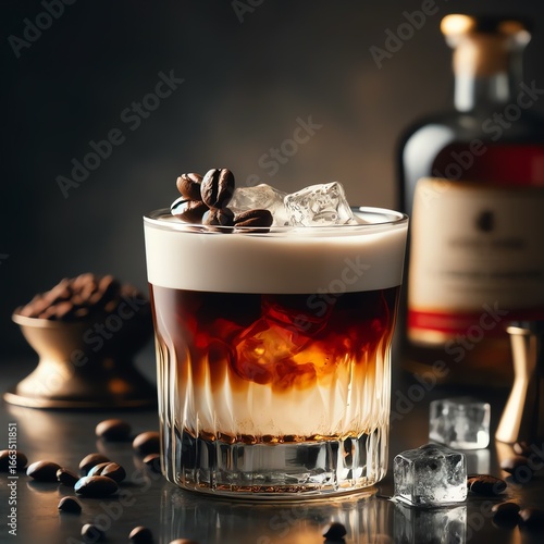 A classic White Russian cocktail served in a short, heavy glass with a perfect swirl of cream mixing into the rich coffee liqueur and vodka