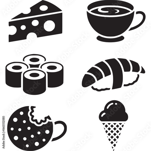 Art of assortment of stylized black and white food icons including cheese, coffee, sushi, and ice cream