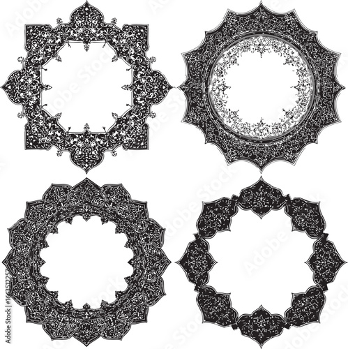 Four ornate circular and geometric decorative frames with intricate floral patterns in a striking black silhouette style