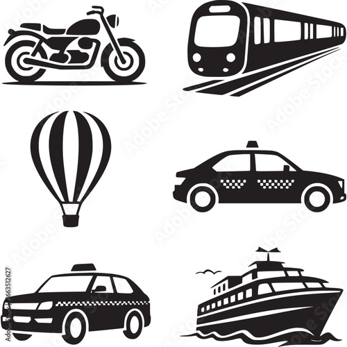 Art of a comprehensive collection of transportation icons featuring a motorcycle, train, hot air balloon, taxi, car, and a ferry boat, all in a clean graphic style