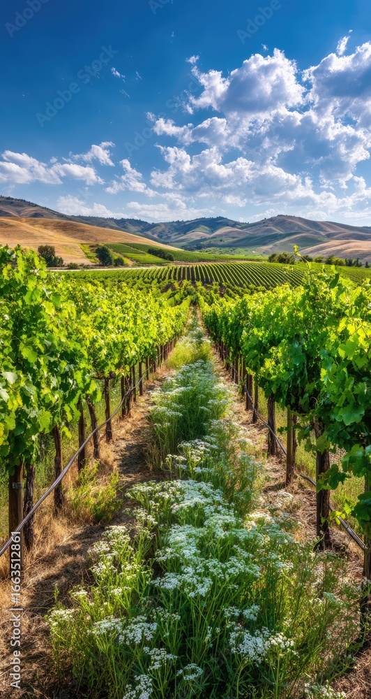Fototapeta premium Vineyard rows stretch into a sunny vista