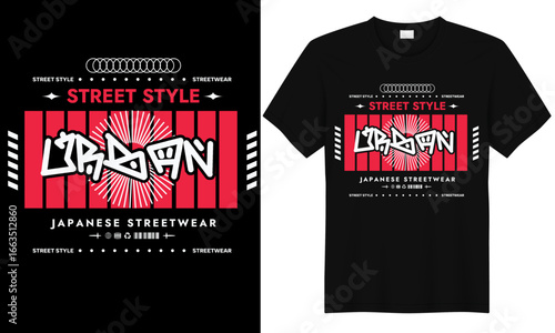 Modern Japanese streetwear t-shirt design with bold urban typography, red rising sun background and cultural style