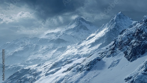 Snow-capped mountains under a stormy sky