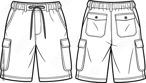 CAD drawing flat vector illustration of men's cargo shorts front and back view, fashion template, technical sketch, casual wear design