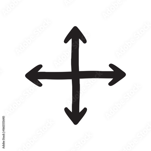 Hand-drawn four-way arrow icon for UI navigation and directional control, a simple black sketch vector element for web and graphic design
