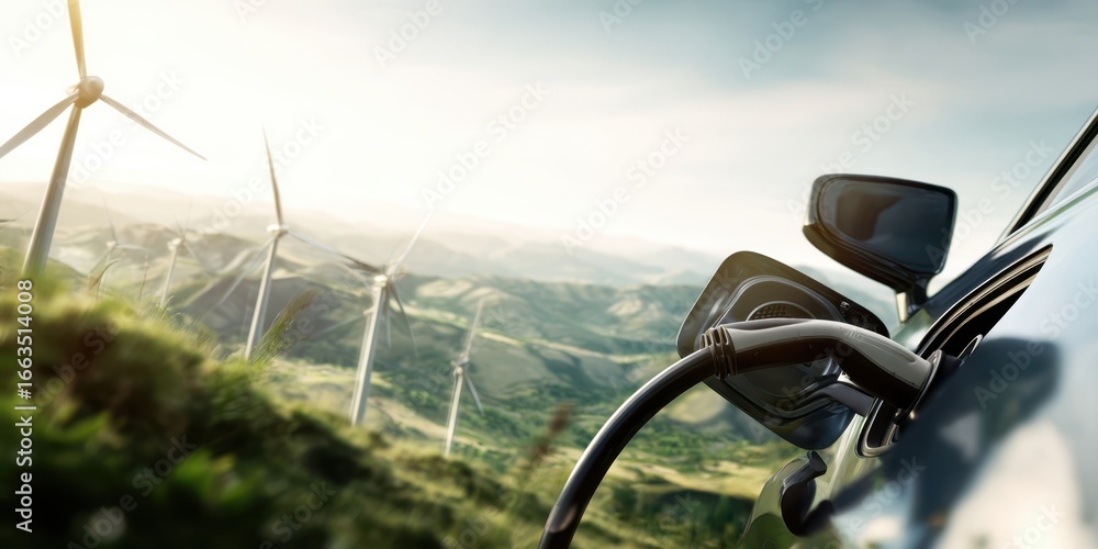 The electric vehicle charging against a backdrop of wind turbines and hills.