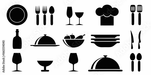 Black silhouette icons of kitchen and dining items