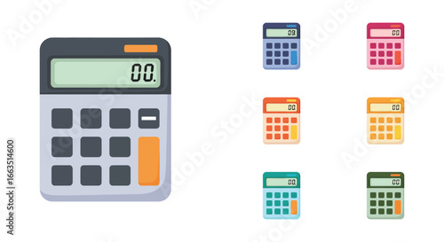 Colorful calculator icons in various sizes and colors on white background
