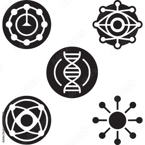 Art of collection of scientific and biological icons including dna, atom, and cell structures, representing innovation and discovery in modern science and research
