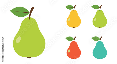 A set of colorful pears with leaves on a white background