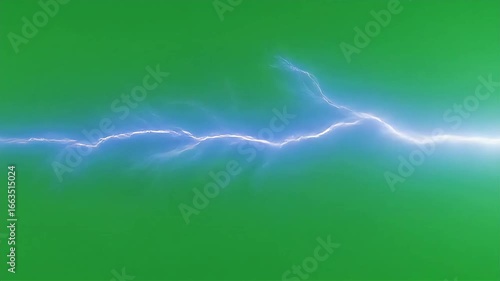 Powerful Blue Lightning Strike on Green Screen Background.
