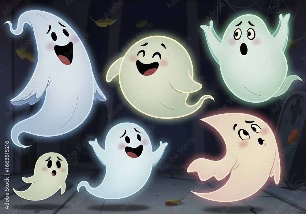 Fototapeta premium Group of cute and spooky cartoon ghosts for halloween celebration