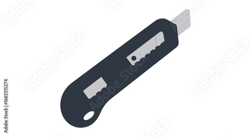 A black utility knife with silver blade on white background