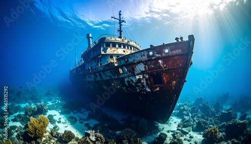 A rusty, sunken ship rests amongst vibrant coral reefs in the deep ocean, bathed in sunlight.