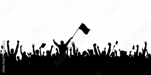 Silhouette crowd with flag and raised arms people celebration