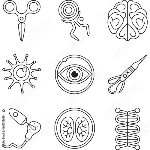 Art of a minimalist collection of scientific and medical icons, including a brain, eye, scissors, sperm cell, and dna strand, isolated on a