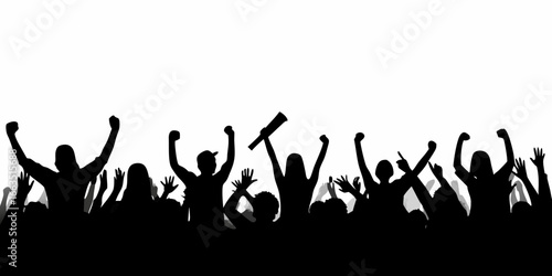 Silhouette of a cheering crowd with raised hands on white Keywords: crowd, silhouette, people