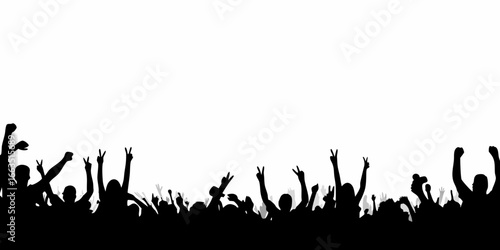Silhouette crowd with raised arms and peace signs people