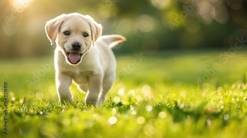 Wallpaper Mural Joyful golden labrador puppy running happily on green grass in sunny environment Torontodigital.ca