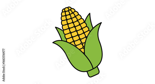 A cartoon illustration of an ear of corn with green leaves