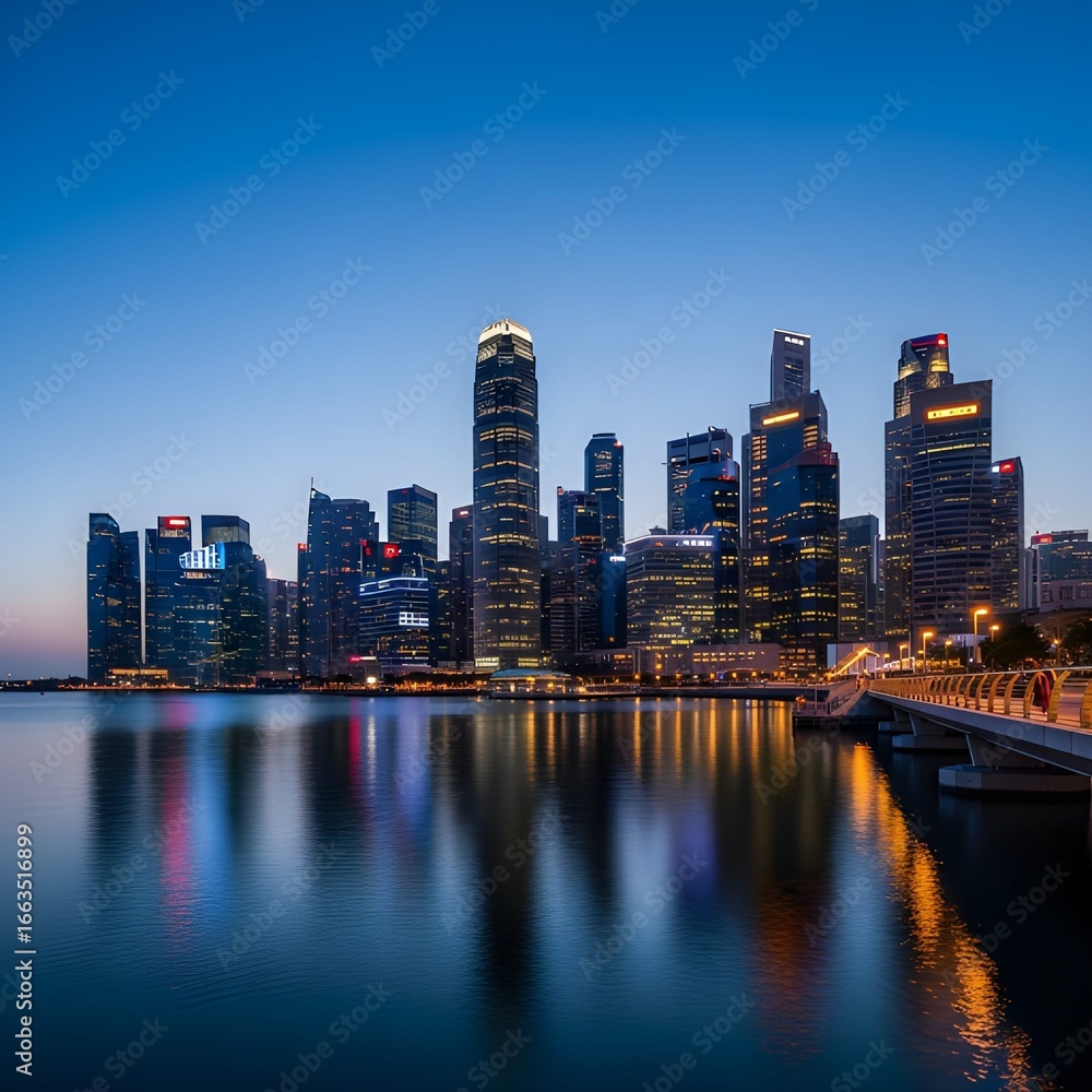 Fototapeta premium A lone climber stands on a snowy mountain peak, gazing towards a distant summit marked with a red flag.