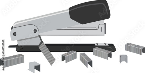 Gray Stapler with Staples on White Background