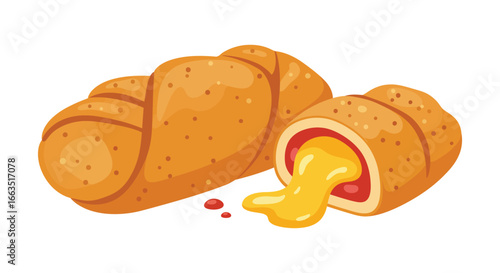A cartoon image of melted cheese stuffed bread rolls on a white background