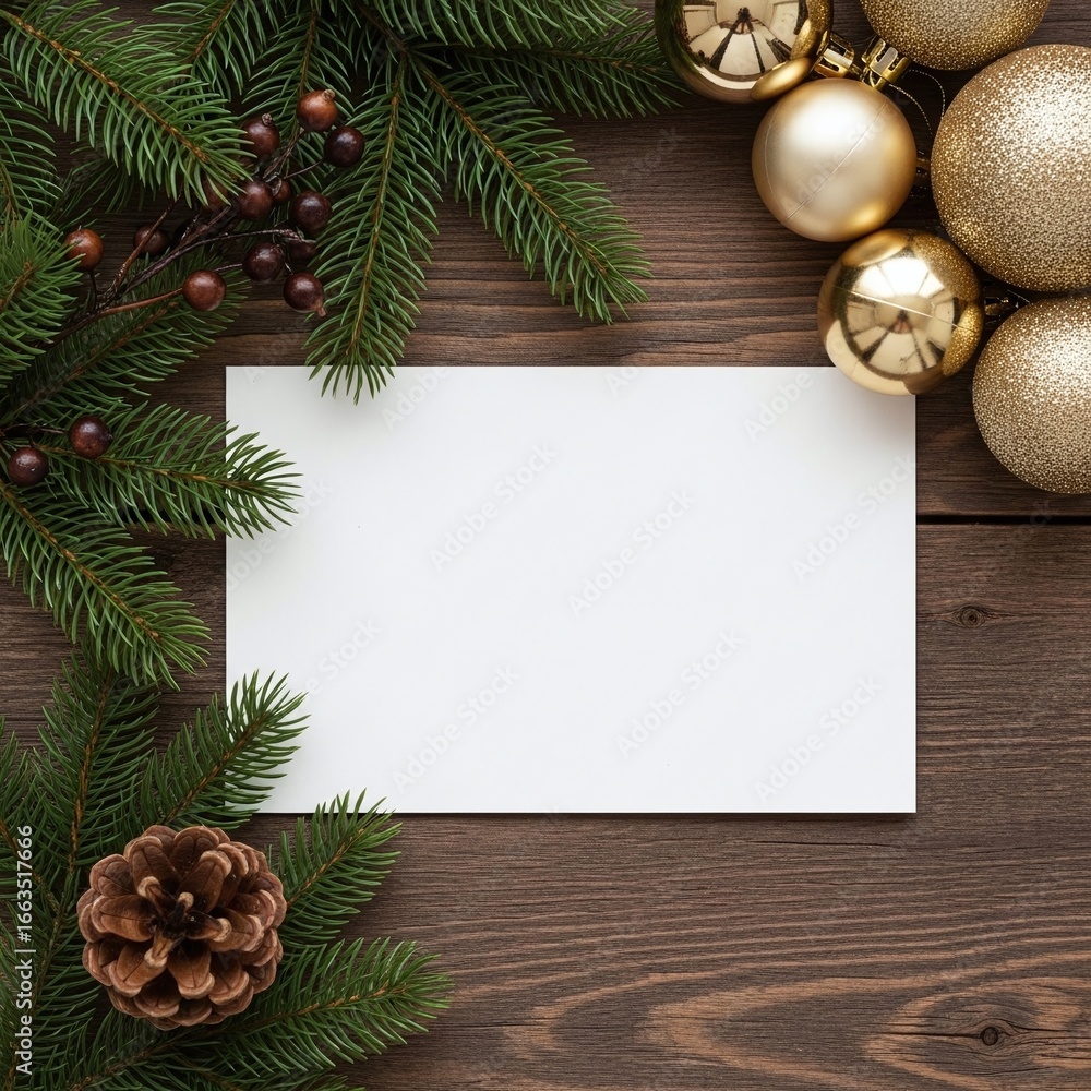 Obraz premium Festive Blank Christmas Card on Wooden Table with Pine and Gold Ornaments
