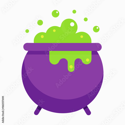 A bubbling green potion overflows from a purple witch s cauldron with a white background