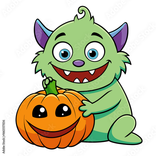 Friendly green monster with big eyes and a wide smile holding a carved halloween pumpkin