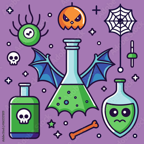 Whimsical halloween collection of spooky potion bottles a spider a pumpkin and a spiderweb