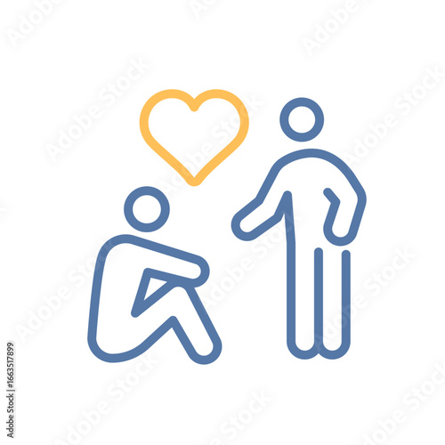 Person comforting another with heart icon. Compassion, empathy, helping others, emotional care, kindness. Vector thin line illustration. Editable stroke.