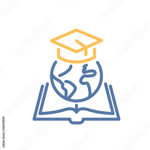 Global education icon. Learning, knowledge, graduation, worldwide studies, scholarship. Vector thin line illustration. Editable stroke.