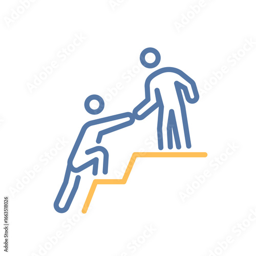 Person giving helping hand up icon. Support, guidance, mentorship, assistance, teamwork. Vector thin line illustration. Editable stroke.