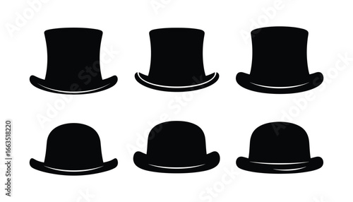 Collection of Black Hats Top Hats and Bowler Hats in Vector Format Isolated on White Background for Graphic Design Elements