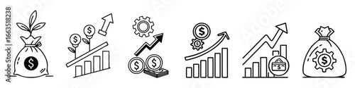 Black and white line art icons depicting financial growth and investment concepts finance money