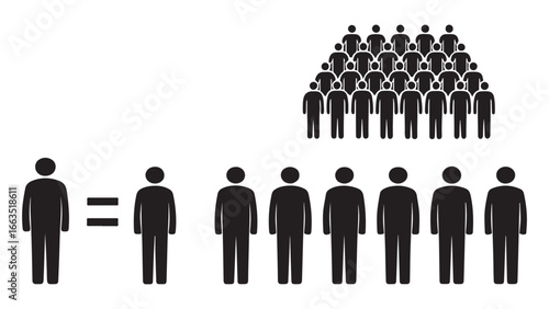 Black stick figure icons representing one person equals seven people and a crowd of people group