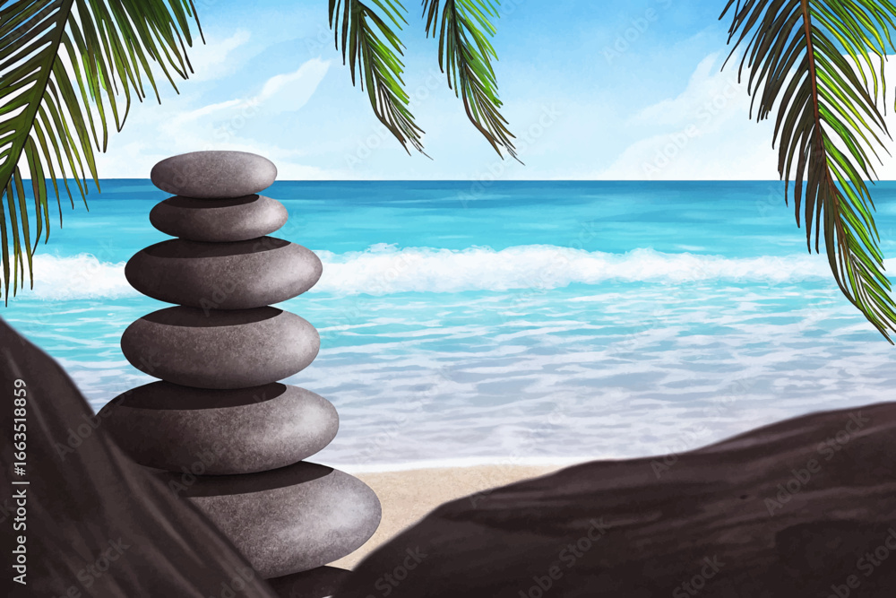 Smooth balanced zen stones arranged on sandy beach near turquoise ocean, symbolizing harmony, peace, mindfulness, and relaxation, wellness, spa, and meditation designs. Smooth balanced zen stones arranged on sandy beach near turquoise ocean, symbolizing harmony, peace, mindfulness, and relaxation, wellness, spa, and meditation designs.