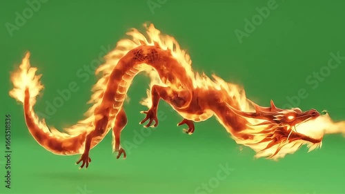 Fiery Chinese Dragon Flying and Breathing Fire on Green Screen.