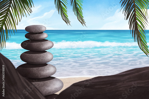 Smooth balanced zen stones arranged on sandy beach near turquoise ocean, symbolizing harmony, peace, mindfulness, and relaxation, wellness, spa, and meditation designs.