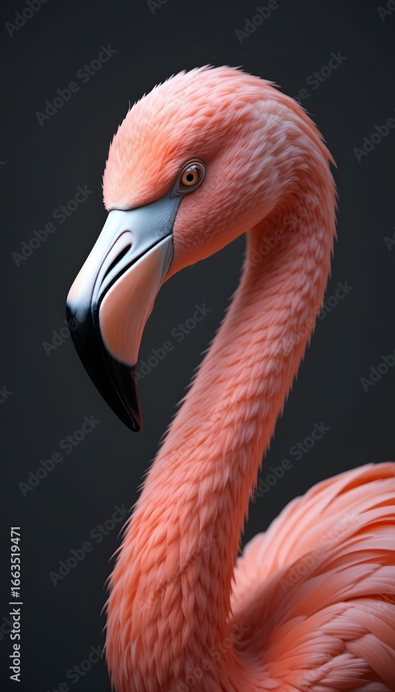 Obraz premium Elegant pink flamingo close-up portrait with graceful curved neck against dark background